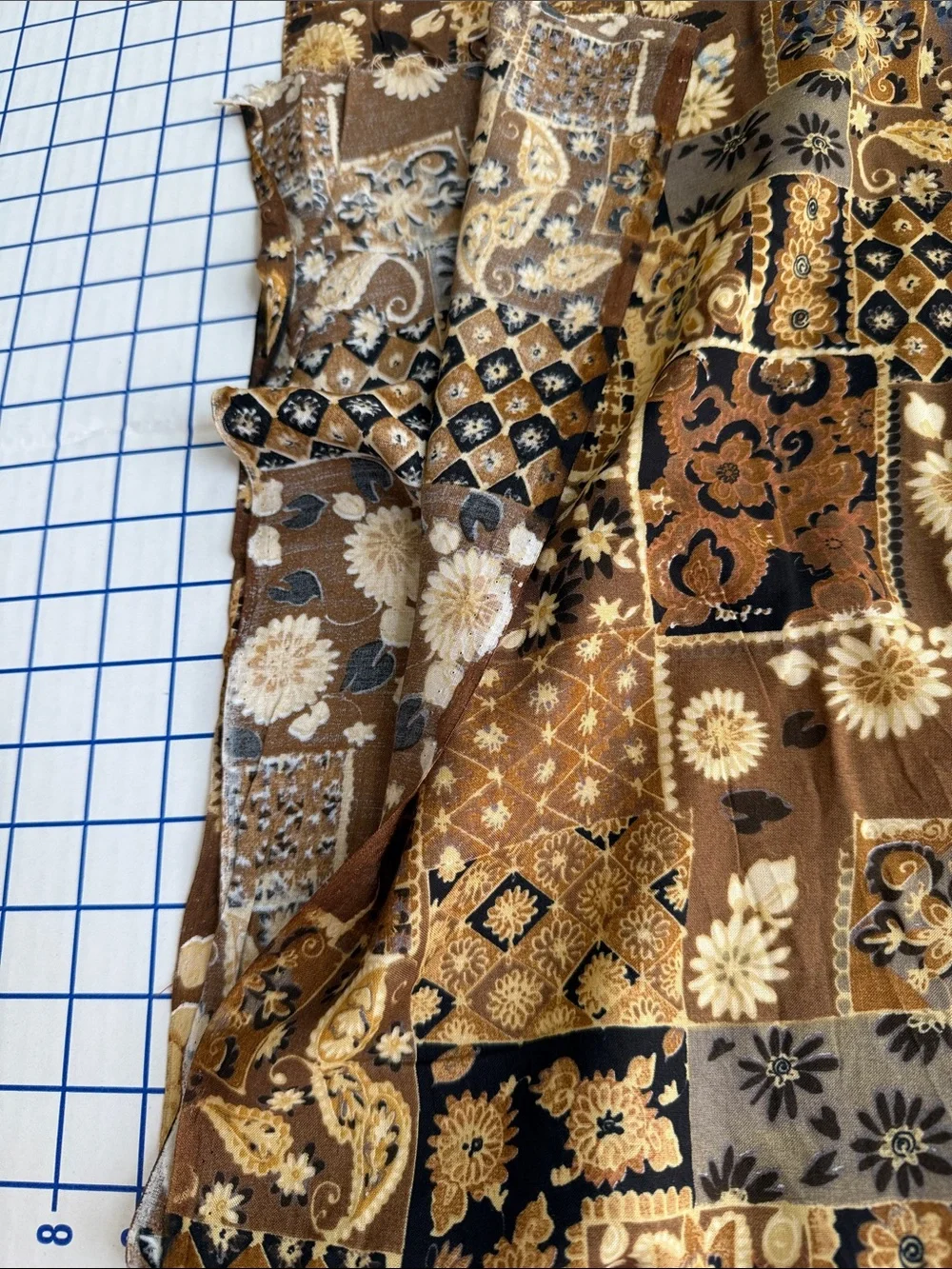 Vintage 1970s Patchwork Print Fabric Brown Floral Paisley 4+ Yards x 50